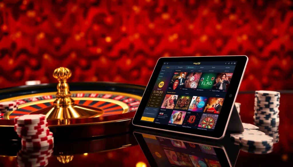 Experience the excitement of Hay88's casino games with poker chips, roulette wheel, and cards.