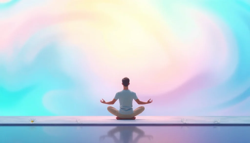 Anxiety symptoms represented through a calm person meditating amidst soothing colors.