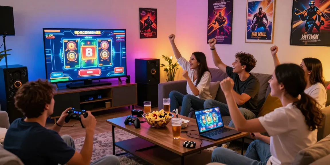Exciting gaming experience on Spaceman88 with friends enjoying a futuristic slot game in a vibrant living room.