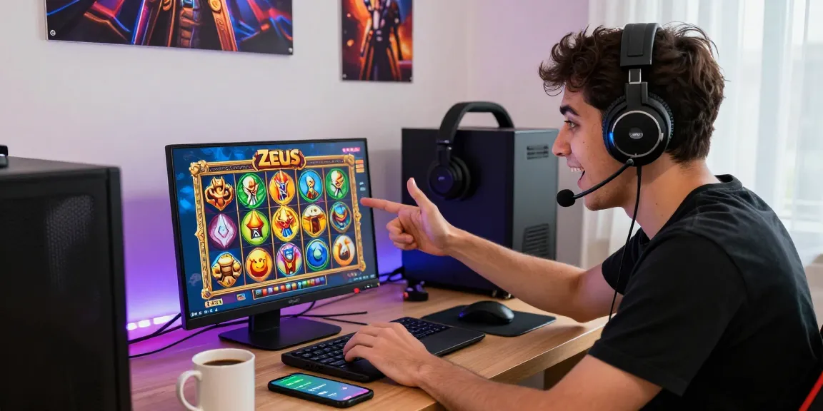 Player experiencing demo zeus slot in cozy gaming setup with vibrant colors and tech gear.